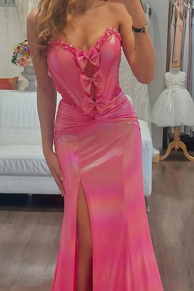 Load image into Gallery viewer, Sparkly Fuchsia Metallic Sweetheart Mermaid Long Corset Prom Dress with Slit