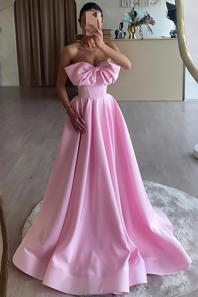 Pink Strapless A Line Satin Long Prom Dress with Bow