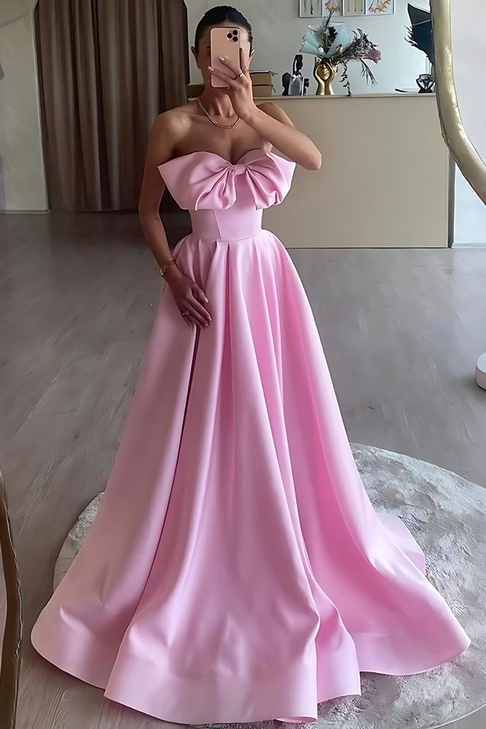 Pink Strapless A Line Satin Long Prom Dress with Bow