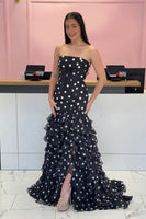 Load image into Gallery viewer, White Black Dot Strapless A Line Long Prom Dress with Ruffes