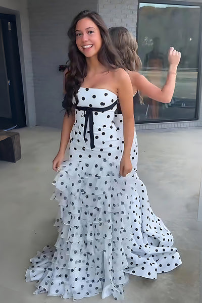 White Black Dot Strapless A Line Long Prom Dress with Ruffes