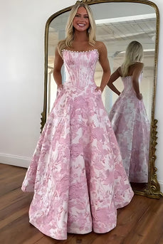 Strapless Grey Blue Flower A Line Long Corset Prom Dress with Pearls