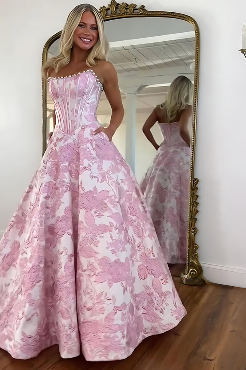 Load image into Gallery viewer, Strapless Grey Blue Flower A Line Long Corset Prom Dress with Pearls