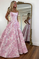 Load image into Gallery viewer, Strapless Grey Blue Flower A Line Long Corset Prom Dress with Pearls