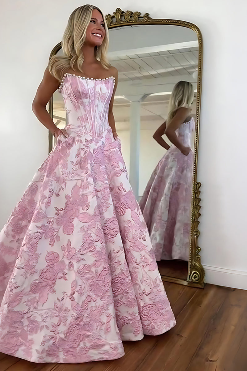 Load image into Gallery viewer, Strapless Grey Blue Flower A Line Long Corset Prom Dress with Pearls