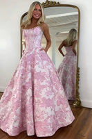 Load image into Gallery viewer, Strapless Grey Blue Flower A Line Long Corset Prom Dress with Pearls