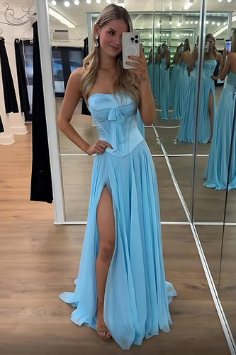 Blue Sweetheart A Line Pleated Long Prom Dress with Slit