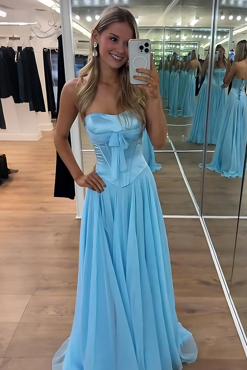 Load image into Gallery viewer, Blue Sweetheart A Line Pleated Long Prom Dress with Slit