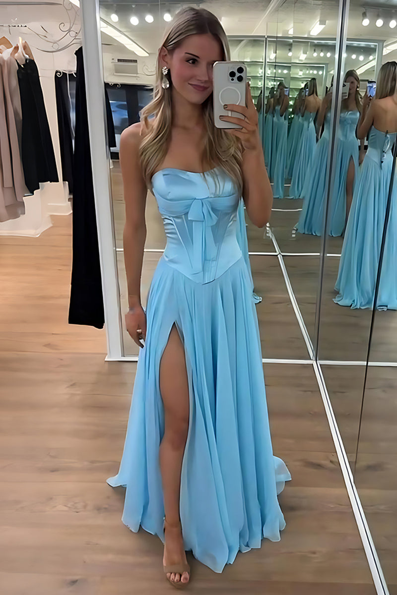 Load image into Gallery viewer, Blue Sweetheart A Line Pleated Long Prom Dress with Slit