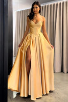 Load image into Gallery viewer, Golden Sweetheart A Line Long Corset Prom Dress with Slit