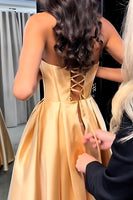 Load image into Gallery viewer, Golden Sweetheart A Line Long Corset Prom Dress with Slit