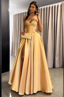 Load image into Gallery viewer, Golden Sweetheart A Line Long Corset Prom Dress with Slit