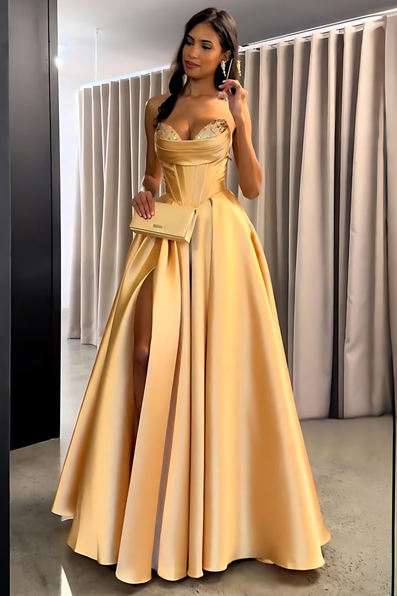 Load image into Gallery viewer, Golden Sweetheart A Line Long Corset Prom Dress with Slit