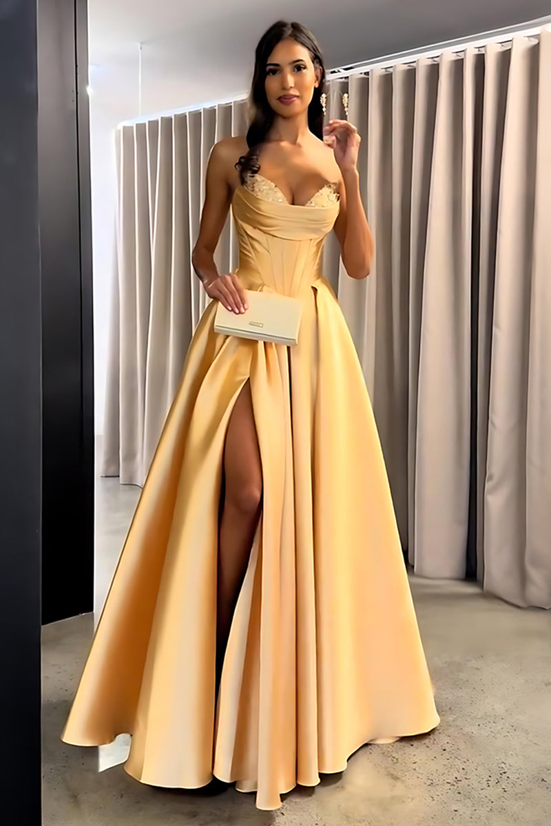 Load image into Gallery viewer, Golden Sweetheart A Line Long Corset Prom Dress with Slit