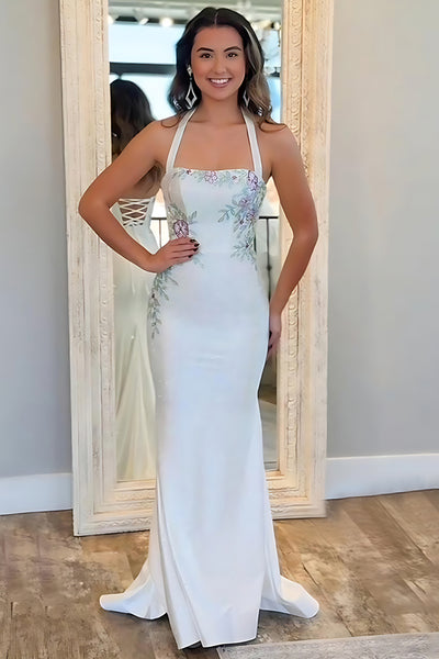 White Mermaid Halter Long Prom Dress with Embroidery