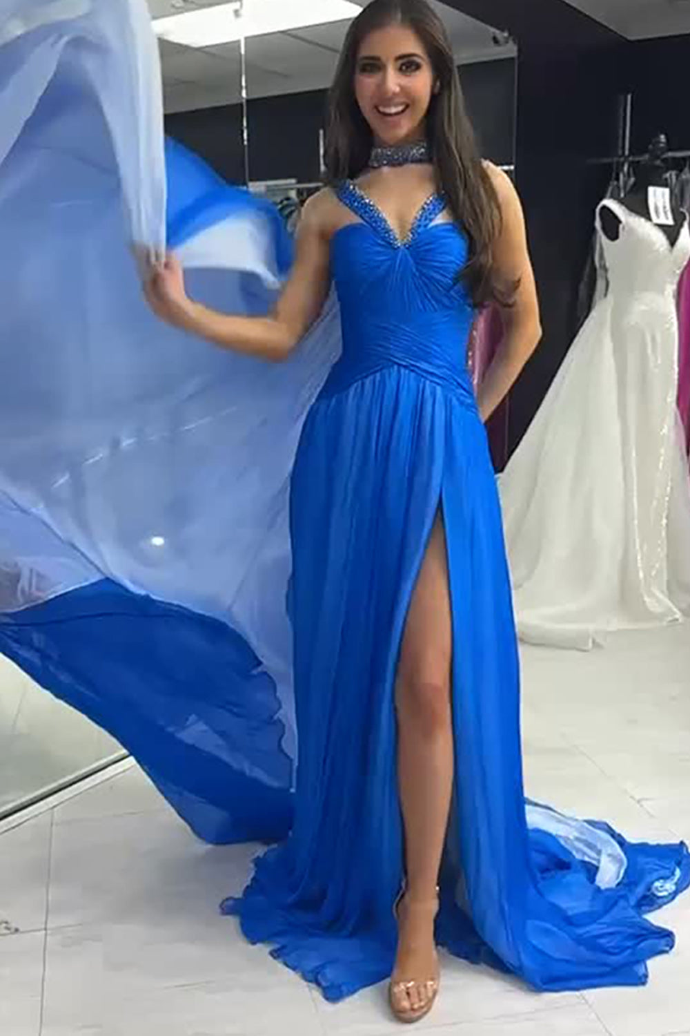 Sparkly Royal Blue Tulle Halter Beaded Long Prom Dress with Slit