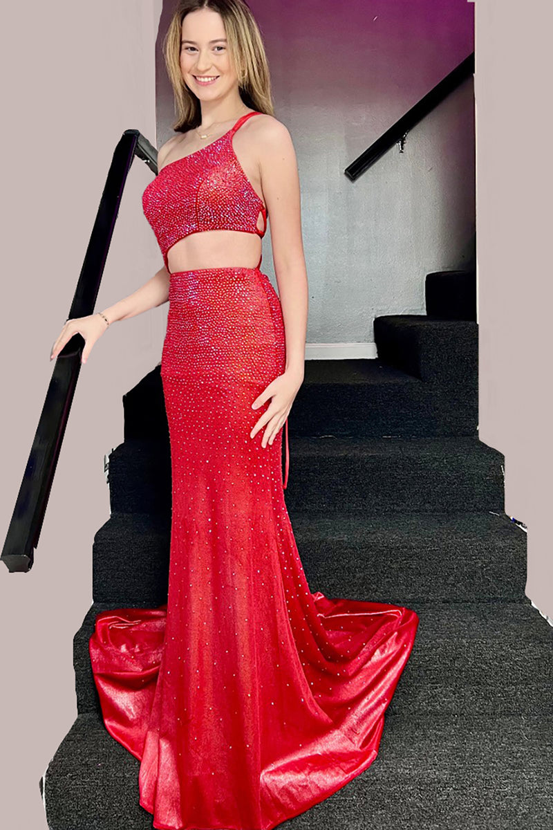 Load image into Gallery viewer, Sparkly Red Mermaid Cut Out One Shoulder Long Prom Dress with Beading