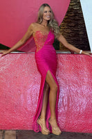 Load image into Gallery viewer, Sparkly Fuchsia Mermaid One Shoulder Beaded Long Prom Dress with Slit