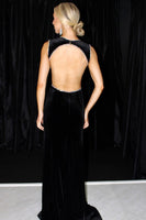 Load image into Gallery viewer, Sparkly Black Mermaid V-Neck Cut Out Velvet Long Prom Dress with Beading