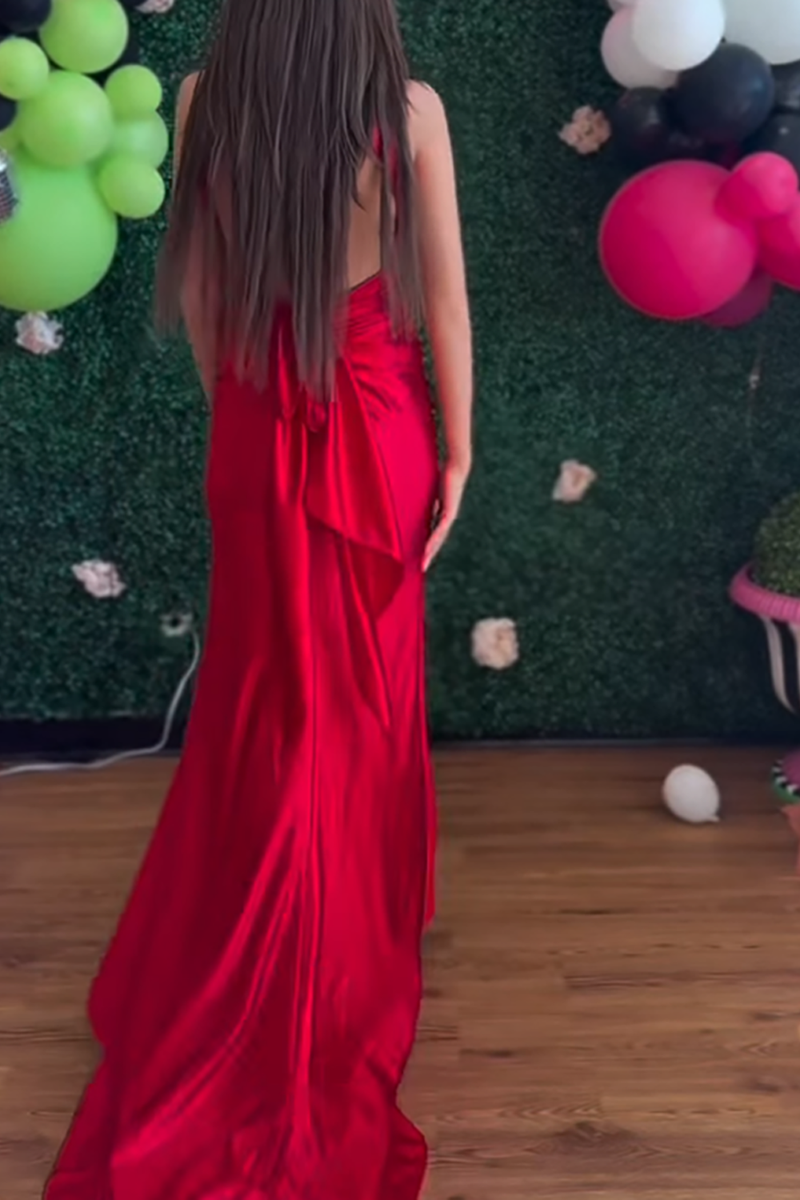 Load image into Gallery viewer, Red Satin Mermaid V-Neck Long Prom Dress with Slit