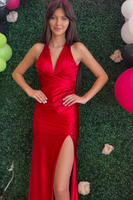 Load image into Gallery viewer, Red Satin Mermaid V-Neck Long Prom Dress with Slit