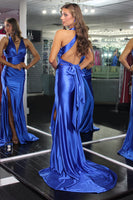 Load image into Gallery viewer, Red Satin Mermaid V-Neck Long Prom Dress with Slit