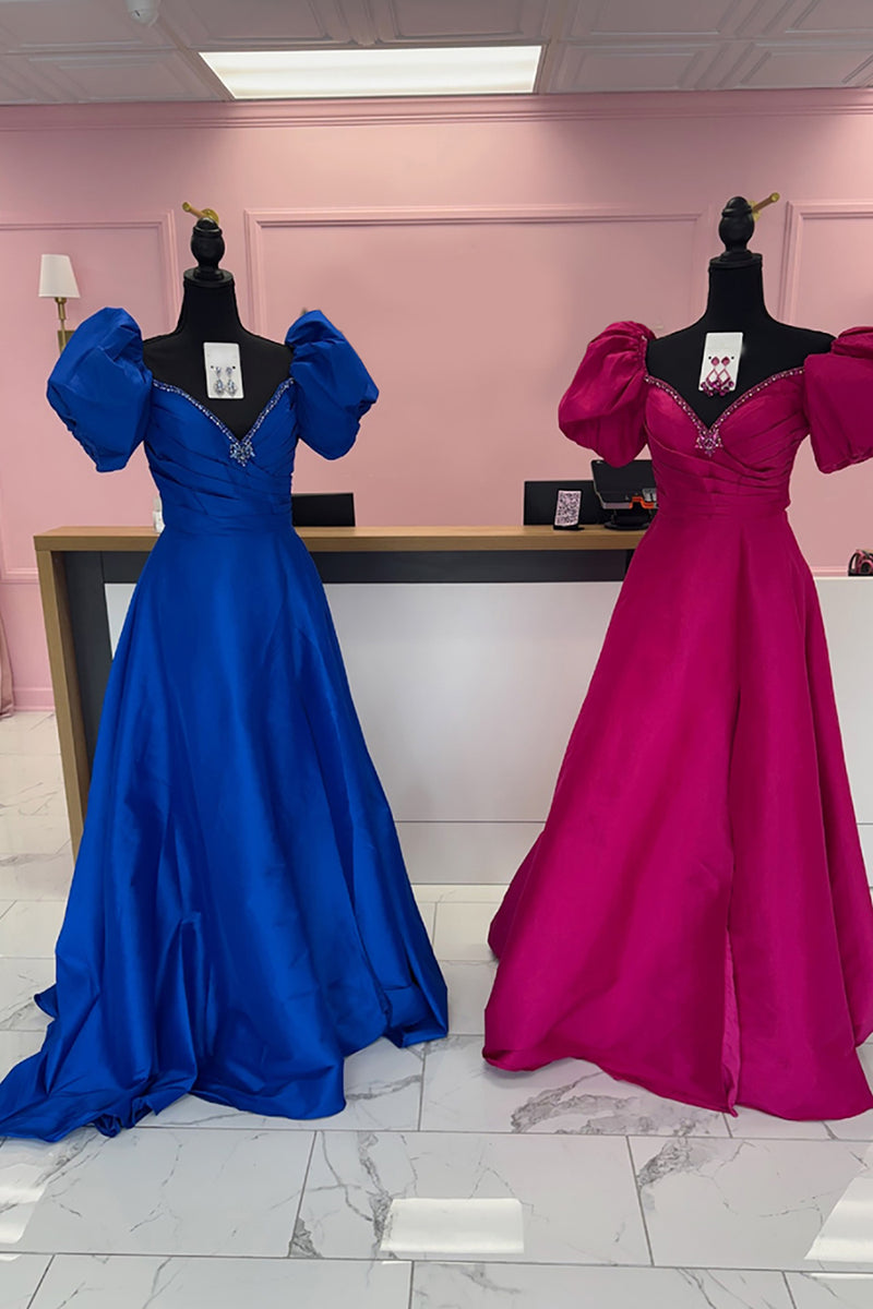 Load image into Gallery viewer, Sparkly Fuchsia A-Line V-Neck Puff Sleeves Ruched Long Prom Dress
