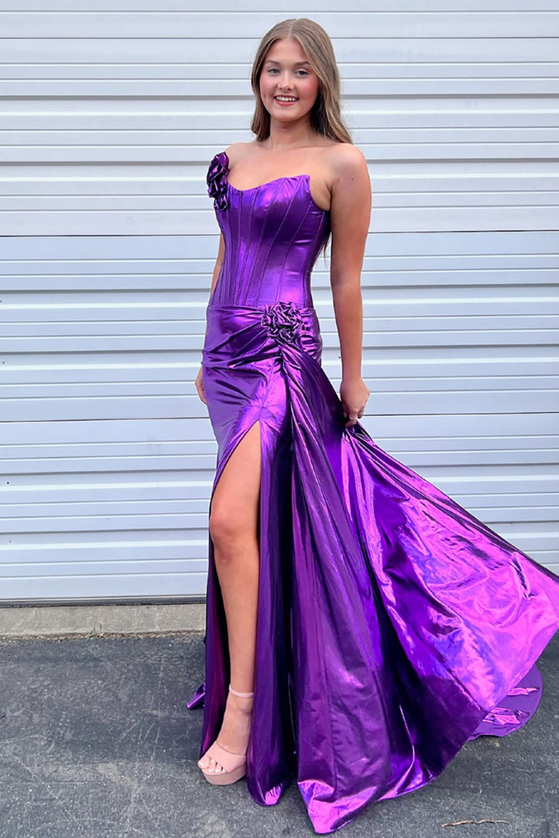 Load image into Gallery viewer, Purple Floral Strapless Mermaid Long Prom Dress with Slit