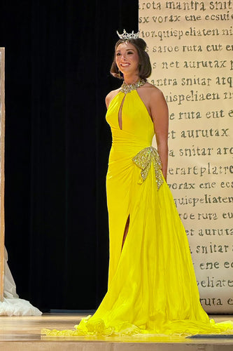 Sparkly Yellow Beaded Halter Neck Mermaid Long Prom Dress with Bow