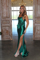 Load image into Gallery viewer, Sparkly Emerald Green Strapless Beaded Mermaid Long Prom Dress with Bow