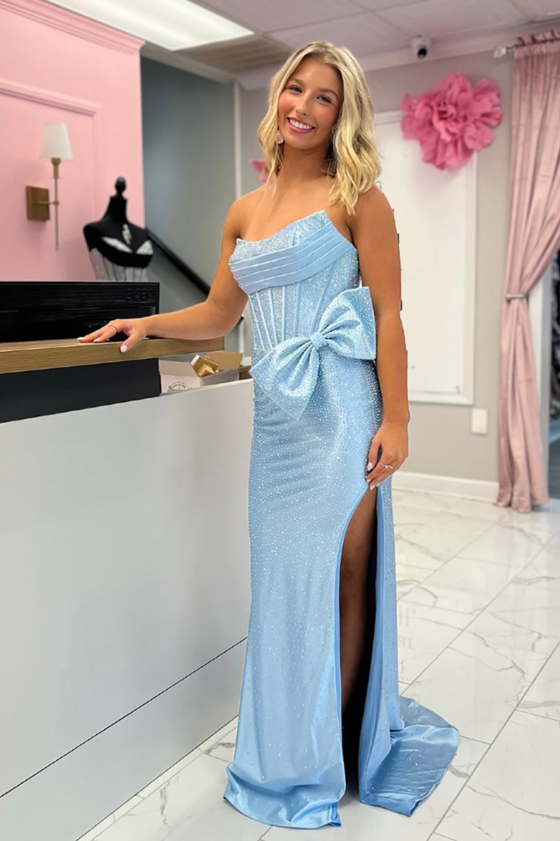 Load image into Gallery viewer, Sparkly Emerald Green Strapless Beaded Mermaid Long Prom Dress with Bow