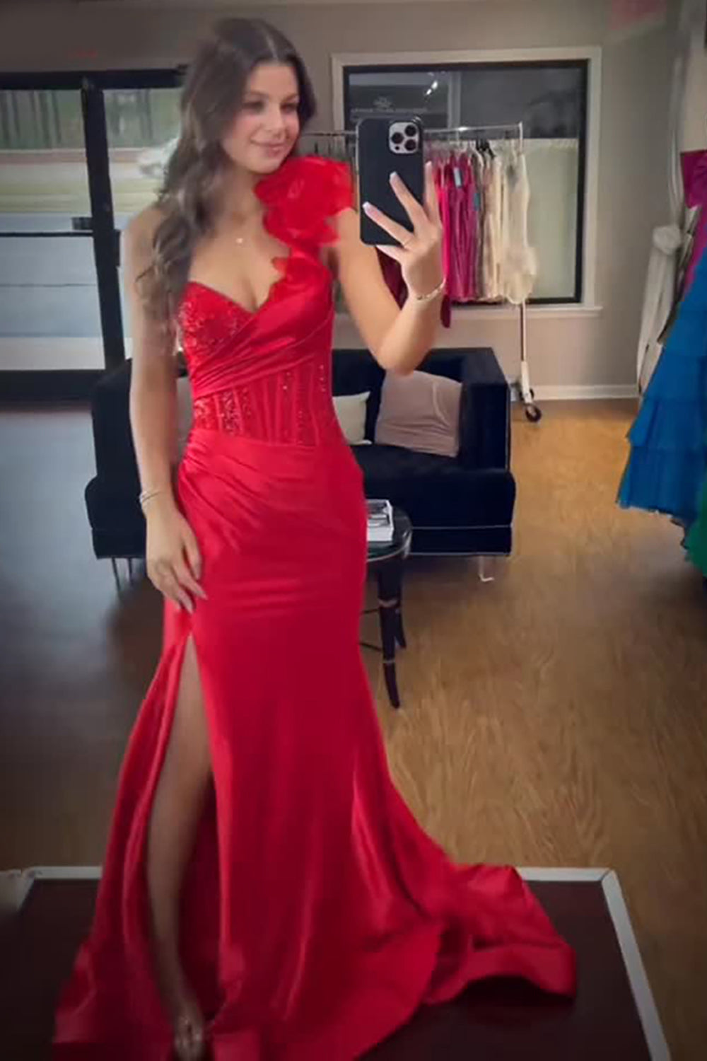 Sparkly Red Mermaid One Shoulder Long Corset Prom Dress with Slit
