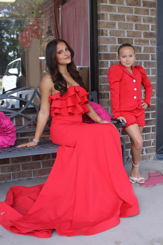 Red Strapless Mermaid Long Prom Dress with Ruffles