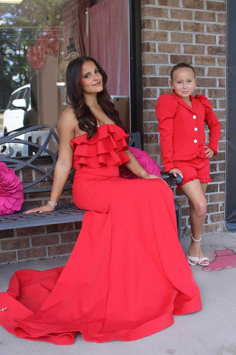 Load image into Gallery viewer, Red Strapless Mermaid Long Prom Dress with Ruffles