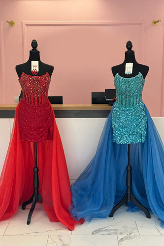 Sparkly Red Sequin Short Corset Prom Dress with Detachable Cape