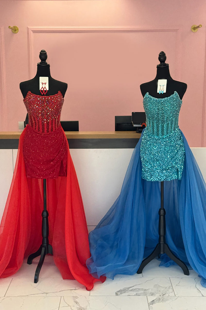 Load image into Gallery viewer, Sparkly Red Sequin Short Corset Prom Dress with Detachable Cape