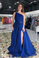 Load image into Gallery viewer, Sparkly Navy One Shoulder A Line Chiffon Long Prom Dress with Slit