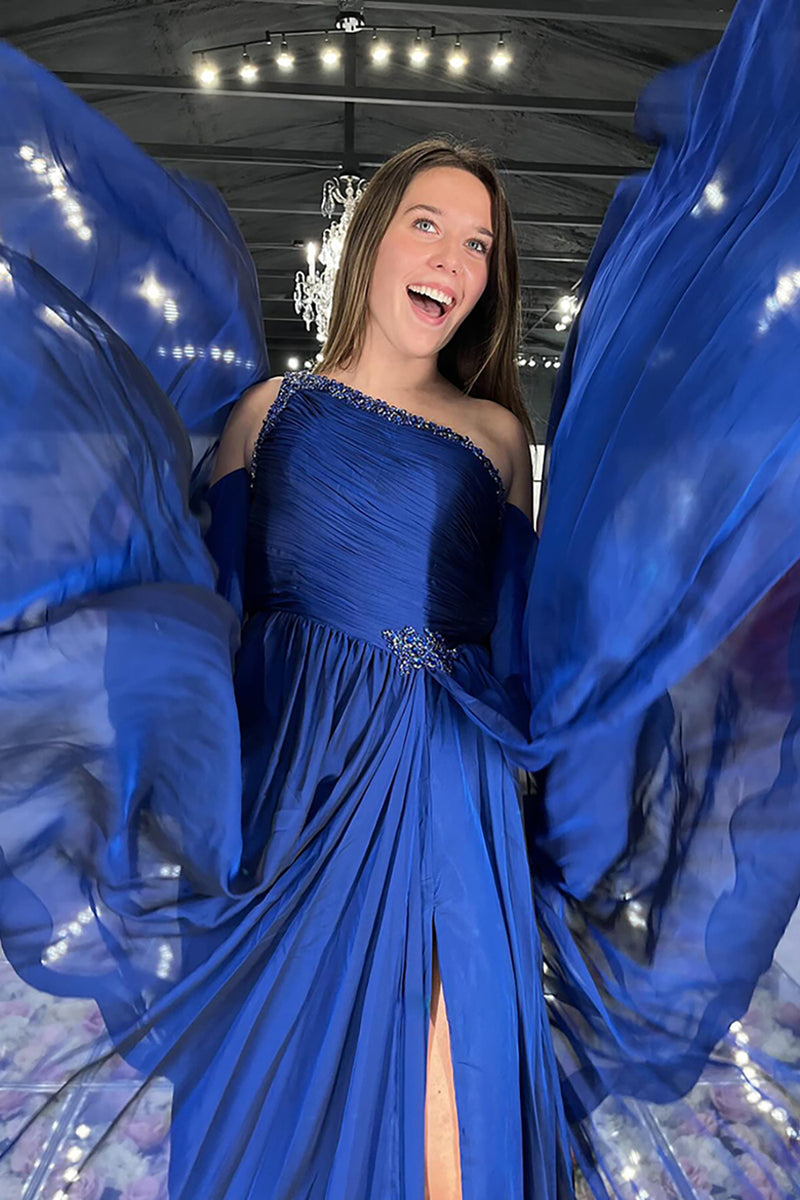 Load image into Gallery viewer, Sparkly Navy One Shoulder A Line Chiffon Long Prom Dress with Slit