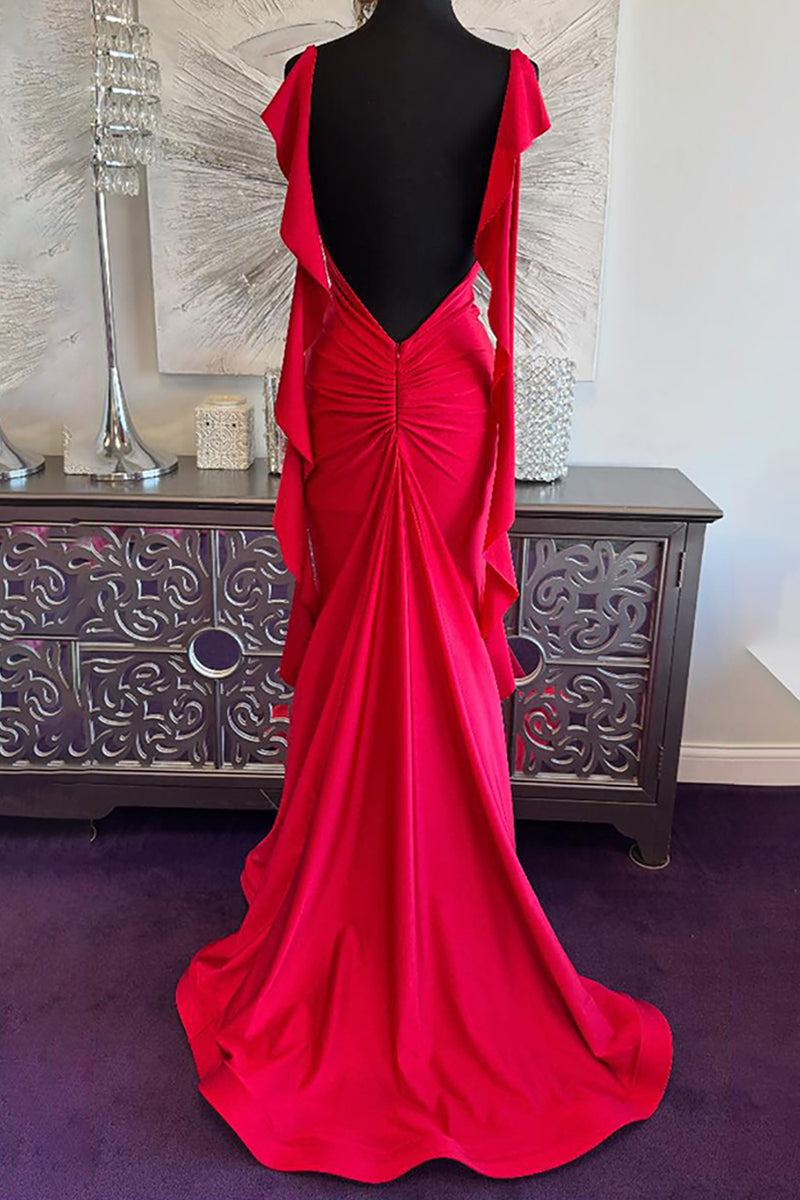 Queendancer Women Red Mermaid Maxi Prom Dress With Ruffles Spaghetti 
