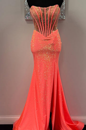 Sparkly Orange Strapless Corset Long Sequin Prom Dress with Slit
