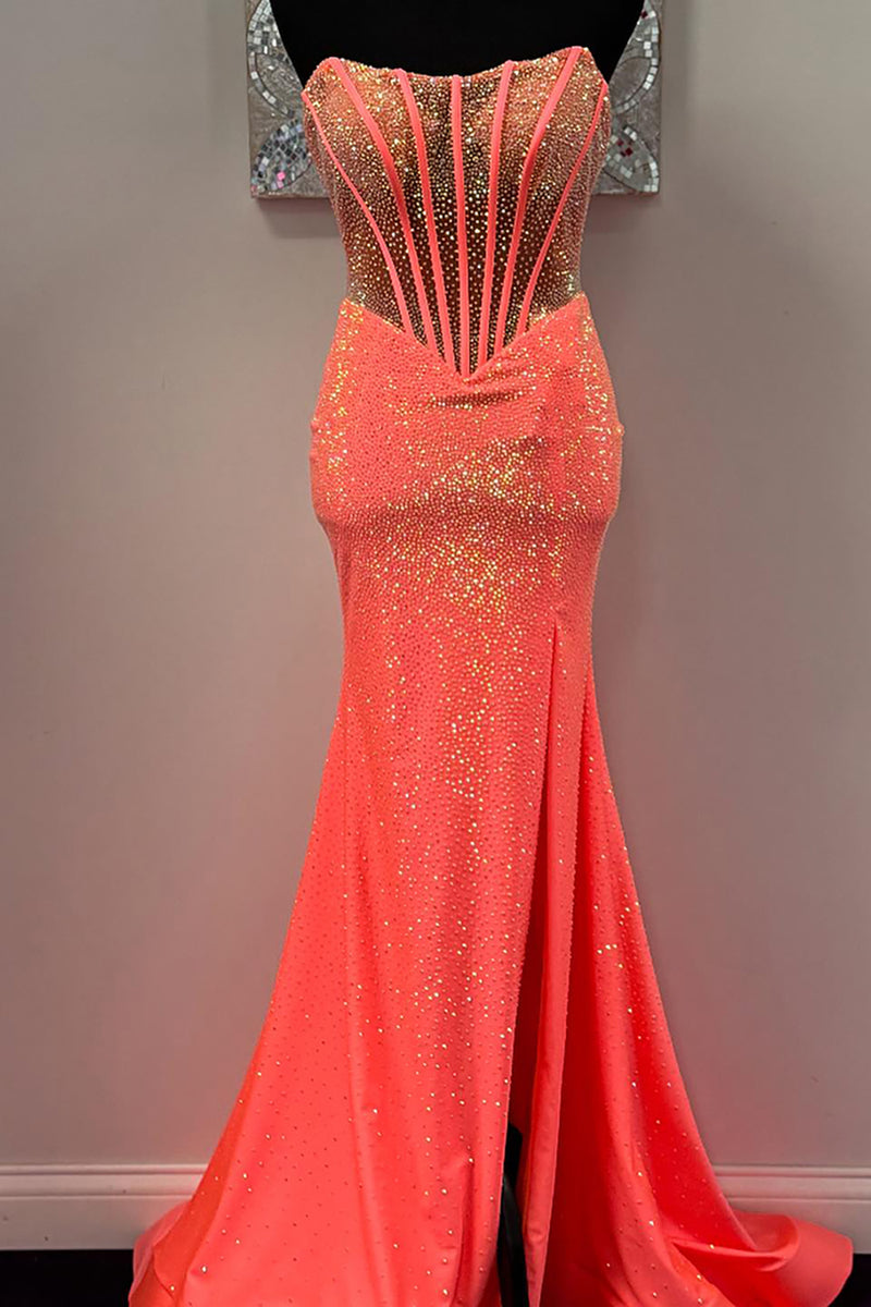 Load image into Gallery viewer, Sparkly Orange Strapless Corset Long Sequin Prom Dress with Slit