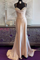 Load image into Gallery viewer, Sparkly Champagne Satin Mermaid Long Corset Prom Dress with Beadings