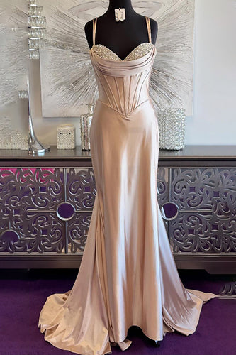 Sparkly Champagne Satin Mermaid Long Corset Prom Dress with Beadings