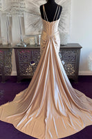 Load image into Gallery viewer, Sparkly Champagne Satin Mermaid Long Corset Prom Dress with Beadings