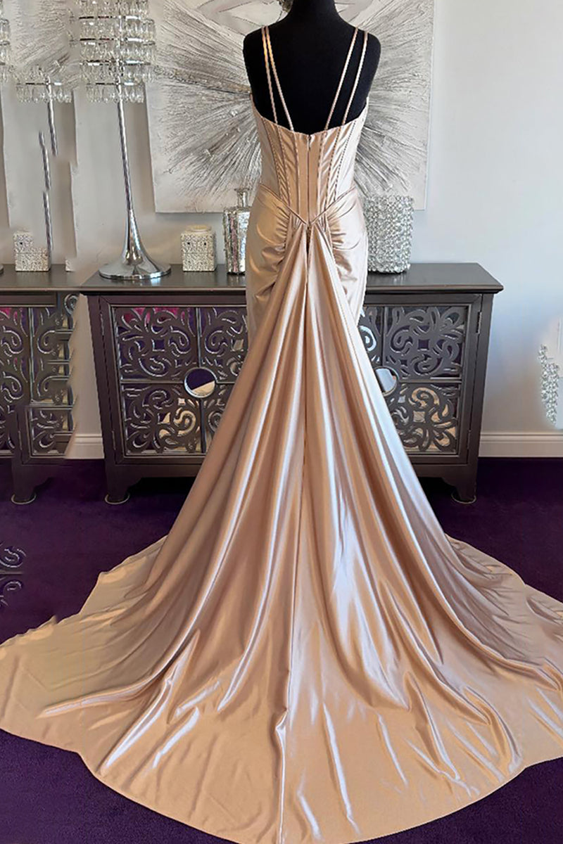 Load image into Gallery viewer, Sparkly Champagne Satin Mermaid Long Corset Prom Dress with Beadings