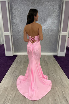 Pink Sweetheart Satin Mermaid Backless Long Prom Dress with Keyhole