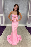 Load image into Gallery viewer, Pink Sweetheart Satin Mermaid Backless Long Prom Dress with Keyhole