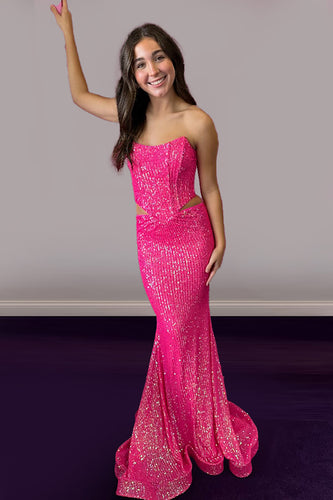 Sparkly Fuchsia Strapless Mermaid Cut Out Long Prom Dress with Sequins
