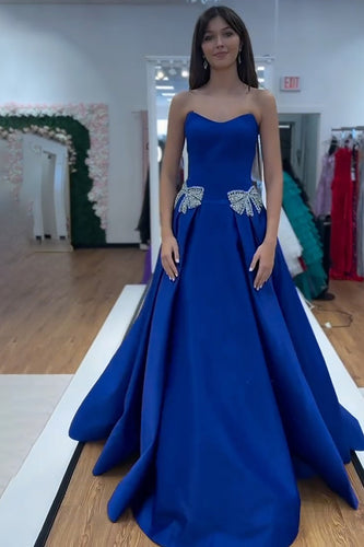 Sparkly Royal Blue Satin A Line Strapless Long Prom Dress with Bow