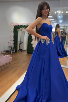 Sparkly Royal Blue Satin A Line Strapless Long Prom Dress with Bow